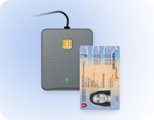 A computer with a connected reader, ID card with a chip